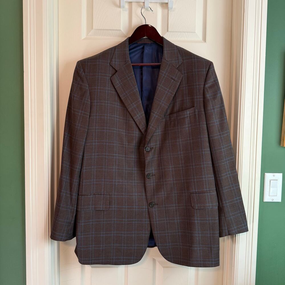 Holland & Sherry Bespoke Blazer Brown Window Pane Plaid Luxe EUC 48 Silk Blend